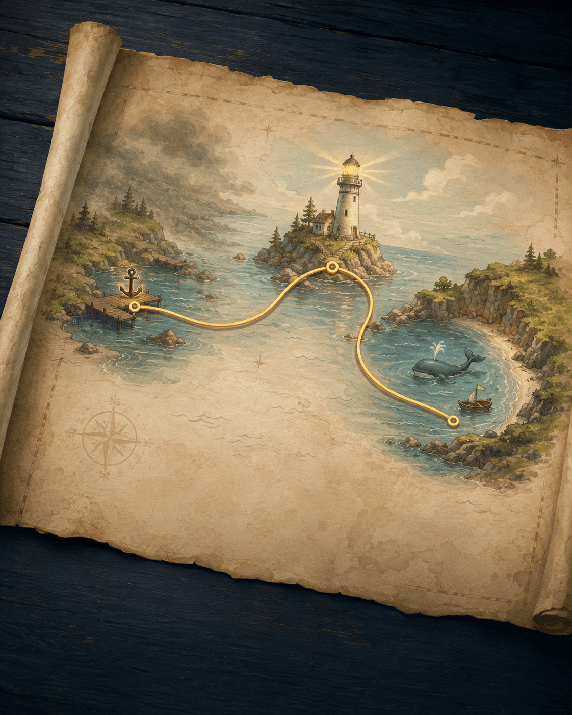 A parchment voyage map showing a golden route from the harbor pier to a lit lighthouse and on to Whale Bay, where a whale swims in a sheltered cove.